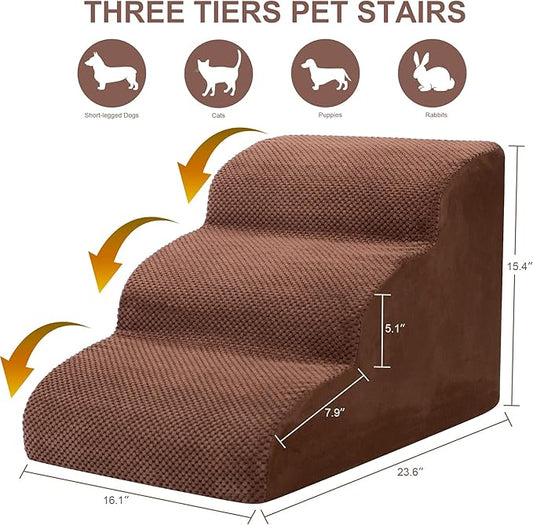 Dog Stairs for Small Dogs, 3 Tiers High Density Foam Dog Ramp, Extra Wide Non-Slip Pet Steps for High Beds Or Couch, Soft Foam Doggie Ladder for Dogs Injured, Older Pets, Small Cats
