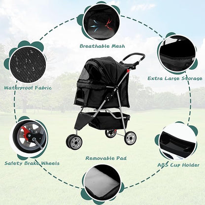 Pet Stroller for Small Medium Dogs & Cats,3-Wheel Breathable Compact Foldable Dog Carrier with Storage Basket, Outdoor Portable Lightweight Travel Stroller for Camping,Black