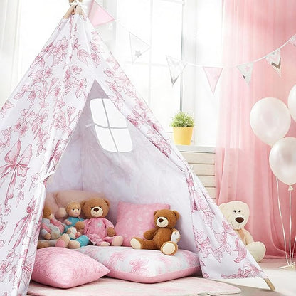 Floral Bow Teepee Tent Indoor Play Tent Coquette Playhouse Foldable Teepee for Indoor Reading Nook Room Decor