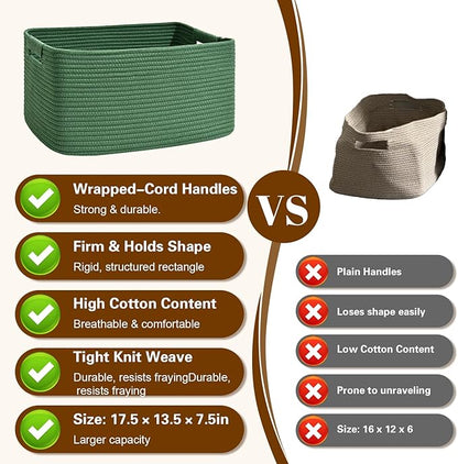 3 Pack Large Storage Basket for Organizing, 17.5"x13"x7" Woven Basket for Shelves, Closet Cube Storage Bins with Wrapped Handle, Cotton Rope Baskets for Kitchen, Clothes, Toys(Green)
