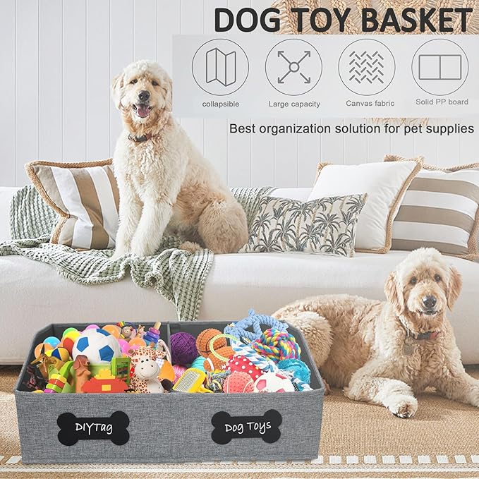 Large Dog Toy Basket,Dog Toy Box for Living Room Area,Collapsible Dog Toy Bin with Divider,Trapezoid Dog Toy Storage-with DIY Tag,Dog Organizer ideal for Pet Toys Blankets Leashes Snack