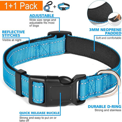 Reflective Dog Collar Padded with Soft Neoprene Breathable Adjustable Nylon Dog Collars for Small Medium Large Dogs (Small (Pack of 1), Vivid Blue Collar+Leash)