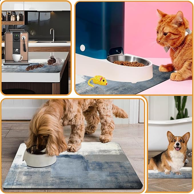 Dog Food Mats for Floors Absorbent, Cat Food Mat - Pet Cat Feeding Mat Quick Dry, Dog Bowl Mats for Water, Pet Supplies Feeding Placemat 16" x 24" Tie-Dye Light Gray
