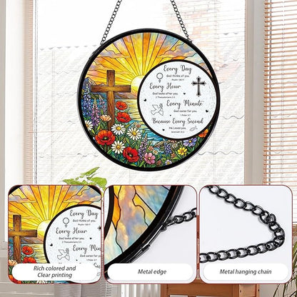Stained Glass Window Hanging, 7.8″ The Cross and Scripture Sun Catchers Indoor Window Decor, Christ Suncatchers Hanging Ornaments Home Garden Art Easter Gift for Housewarming