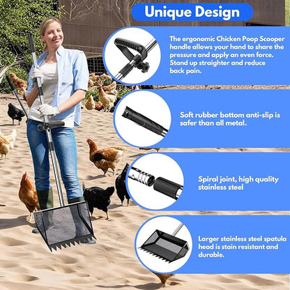 Chicken Poop Scooper & Rake 2-in-1,304 Stainless Steel Shovel Head, Chicken Litter Scoop with Handle for Chicken Coop & Pet Waste Cleaning, Litter Sifting Shovel (35 to 65") (Black, 10inch)