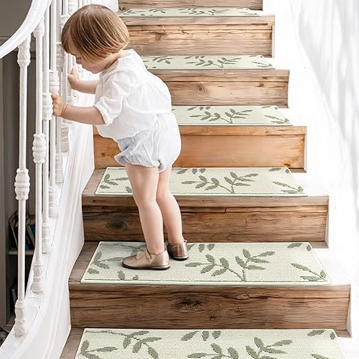 Carpet Stair Treads, Non-Slip Stair Treads for Wooden Steps Indoor, 30”x8” Stair Runner for Pets Non Skid Wood Staircase Step Treads Reusable, Set of 15, White