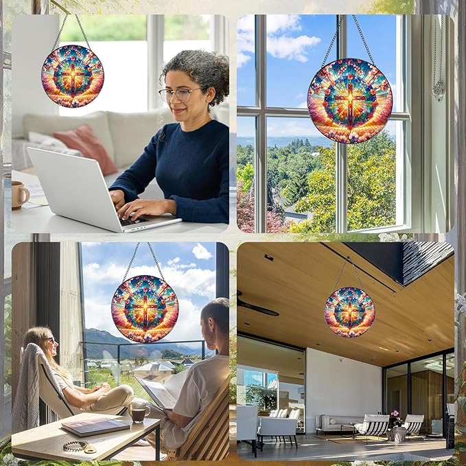 Cross Stained Glass Window Hanging, 7.8″ Sun Catchers with Hook Indoor Window Decor, Decorative Suncatchers Home Garden Art Gift for Thanksgiving Christmas Housewarming