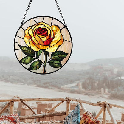 Stained Glass Window Hanging - Elegant Yellow Rose Flower Sun Catcher for Door Garden Home Decor Suncatcher Christmas Mother's Day Birthday Gifts for Women Mom Girl Nana Friend 15 in