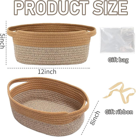 Woven Basket,Small Rope Storage Bin with Handles & Ribbon Bag, Organizer for Shelves Closets,Gift Basket Empty for Birthday,Books,Dog Toys, Jute&Brown/2 Pack
