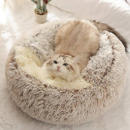 Cat Bed Round Fluffy Hooded Cat Bed Cave, Anti-Anxiety Cave Bed with Hooded Blanket, Cozy Cuddler Luxury Puppy Pet Bed, Anti-Slip Bottom and Machine Washable (Khaki, Large)