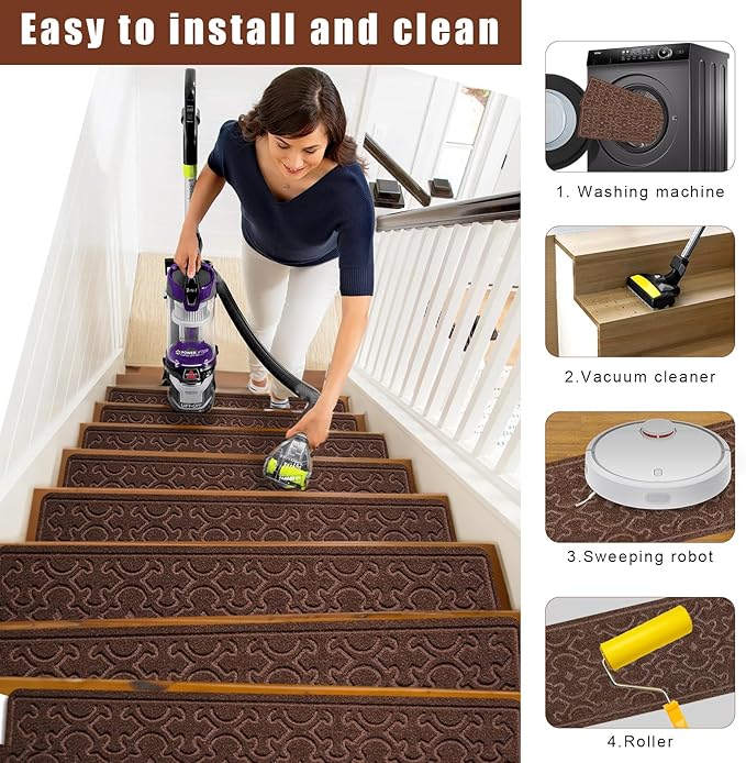15Pcs Stair Treads for Wooden Steps Indoor with Self Adhesive, 8"x30" Non Slip Stair Runners-Peel & Stick Indoor Stair Carpet Runner, Resistant Indoor Runner for Kids、Elders and Pets, Brown