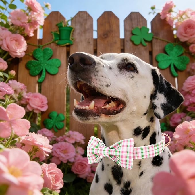 Maca Bates Plaid Dog Collar with Fancy Bow Tie,Cherry Pink Green Gingham Pattern for Medium Girl Boy Dogs,Adjustable Durable Soft Collars Irish Gift for Male Female Puppy
