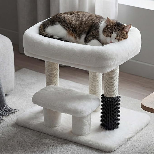 Heybly Cat Scratching Post, Small Cat Tree Tower with 3 Full Sisal Posts, Removable Plush Bed, Grooming Brush, Stable & Space-Saving Cat Furniture with Gentle Step for Indoor Cats, White HSP001SWH