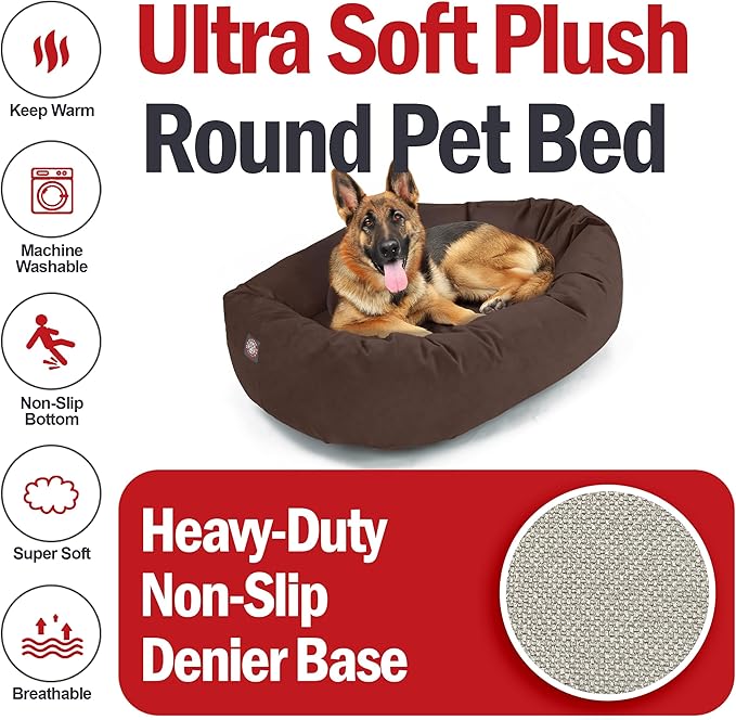 Majestic Pet Suede Shredded Memory Foam Mix Calming Dog Bed Washable - Cozy Soft Round Dog Bed with Spine for Head Support - Fluffy Donut Dog Bed, 52 Inch, Chocolate