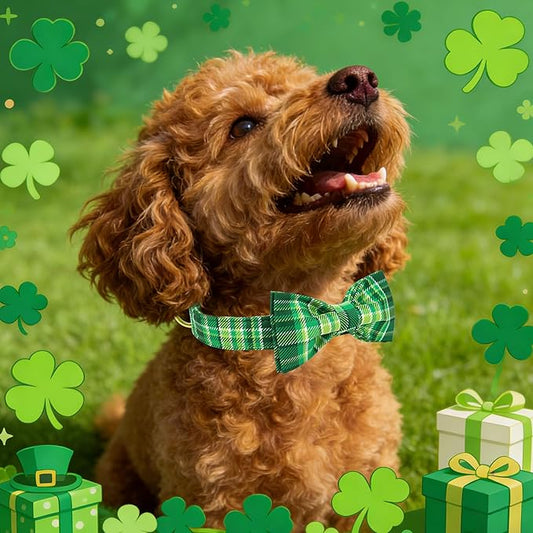 Maca Bates St. Patrick's Day Irish Plaid Dog Collar with Fancy Bow Tie,Shamrock Green Gingham Pattern for Small Girl Boy Dogs,Adjustable Durable Soft Collars Gift for Male Female Puppy