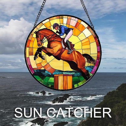 Stained Glass Window Hanging Equestrian Sports 9.8" - Horse Suncatcher Door Garden Sunroom Sun Catcher Home Decor Birthday Christmas for Mom Men Woman Nana