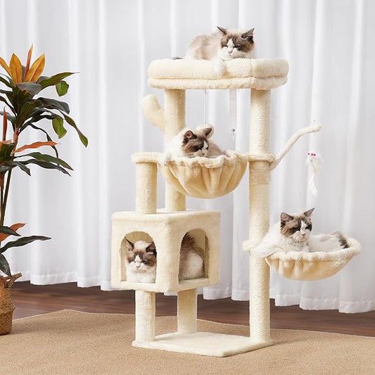 Heybly Cat Tree, 39.4 Inches Tower Condo with Scratching Post, Cat Tower for Indoor Cats, Fully Wrapped Sisal Pole, Soft Platform, 2 Baskets and Dangling Toy, Beige HCT006SM