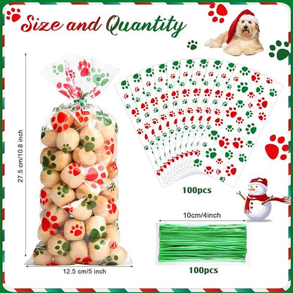 Blulu 100 Pieces Dog Treat Bags Puppy Party Favor Pet Paw Cone Cellophane Bags Candy Heat SealableDog Paw Gift with 100 Pieces Silver Twist Ties for Pet Cat Treat Party Favor(Red and Green)