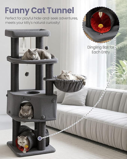 Cat Tree Tower for Large Cats Adult - 60 Inch XXL Sturdy Heavy Duty Extra Wide Scratching Posts (φ4.4in) Condo - Indoor Big Cat House Hammock Perch - XL Wood Multi Level Feline Pet Bed Trees Houses