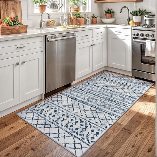 KUTA Vintage Boho Washable Rugs 3x5, Moroccan Non Slip Entryway Rug, Blue White Ultra Soft Print Distressed Geometric Low-Pile Area Rug for Living Room Bedroom Nursery Dorm Decor