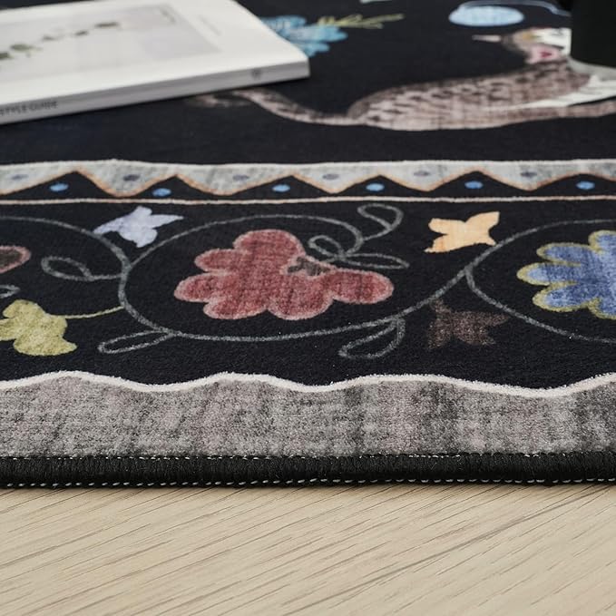 Rugcomf 2'7"x14' Long Hallway Runner Rug - Floral Cat Washable Non Slip Boho Carpet for Kitchen, Entryway, Hall, Bathroom - Black
