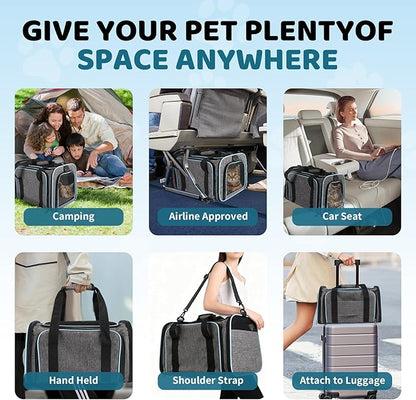 Cat Carrier - Airline Approved Expandable Soft Side Pet Carrier, Collapsible Pet Travel Bag Carrier with Foldable Pet Bowl for Cat Small Animals Under 14LB, 17 * 11 * 11