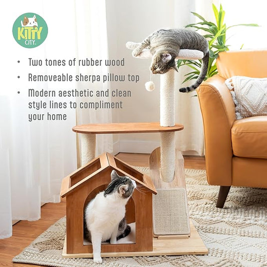 Kitty City Wooden Cat Tower with Hideaway House & Scratching Pad, Modern Two-Level Indoor Cat Furniture with Removable Sherpa Cushion