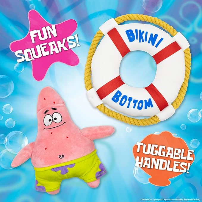 design LAB, Inc. Spongebob Squarepants Official Merchandise | Squeaky Plush Toys for Dogs | 2-Pack Patrick Starfish and Life Preserver | Dog Toys with Squeaker & Rope to Tug and Play