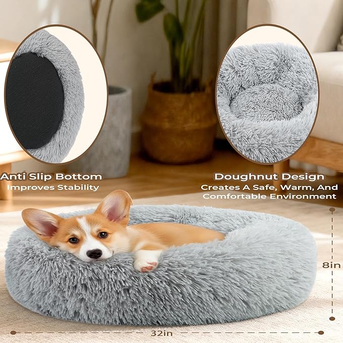 Calming Anti-Anxiety Donuts Dog And Cat Bed, Round Fluffy Soft Washable Small Medium Pet Bed For Puppy And Kitten, Cuddler Warming Comfortable Cushion, Luxury Anti-Slip Waterproof Mute Base 32in Gray