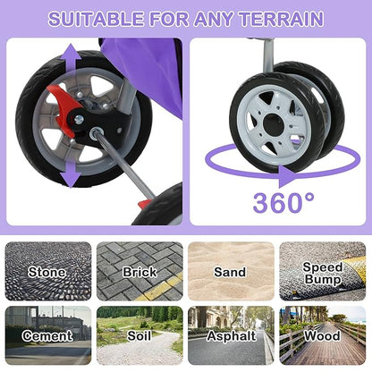 3 Wheels Dog Stroller, Foldable Pet Stroller for Small Medium Dogs, Portable Breathable Cat Stroller Dog Strollers with Storage Basket, Cup Holders, Removable Liner for Travel & Outdoor Use, Purple