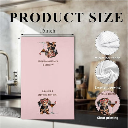 Weenies and Espresso Martini Kitchen Towels, Dachshund Lover Gifts Dish Tea Towels for Kitchen, Gifts Cocktail Lovers Hand Towels, Weiner Dog Gifts, 16x24 Inch