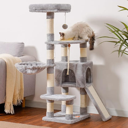 Heybly Cat Tree, Cat Tower for Indoor Cats with Scratching Board, Multi-Level Cat Furniture Condo with Feeding Bowl Light Gray HCT010SW