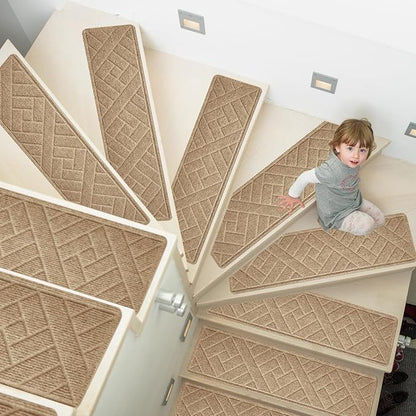 15 Pack 8 "X 30" Non-Slip Carpet Stair Treads for Indoor Wooden Steps, Made of Polyester and Reusable Adhesive, Suitable for Kids Elders and Pets（Beige Lines）
