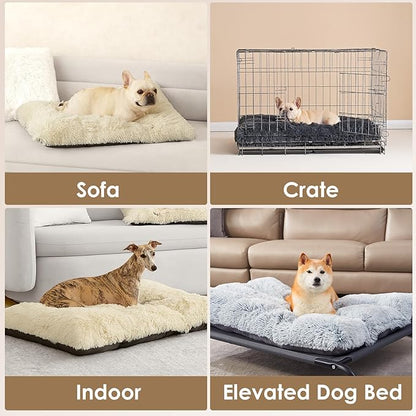 EHEYCIGA Fluffy XXL Dog Crate Pad, Plush Faux Fur Crate Bed for Extra Large Dogs, Calming Anti Anxiety XXL Dog Bed, Washable Warm Mat with Non-Slip Bottom, Ivory Beige