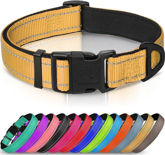 Joytale Reflective Dog Collar, Soft Neoprene Padded, Metal D-Ring, Nylon Pet Collar Adjustable for Medium Dogs, Khaki, M