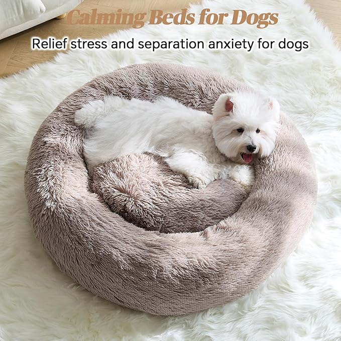 Calming Small Dog Bed, Donut Fluffy Anti-Anxiety Round Washable Cute Bed, Plush Cozy Cuddler Warming Soft Comfort Pet Bed for Small Medium Dogs Cats, 20inch,Brown