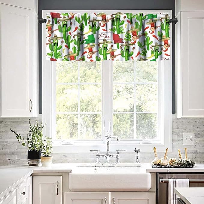 Mexican Style Valances Curtain for Kitchen, Funny Peppers Cactus Playing Maracas Guitar Pattern Window Treatment Valances Short Curtains Rod Pocket Drape for Dining Room Home Decor, 54x18inch