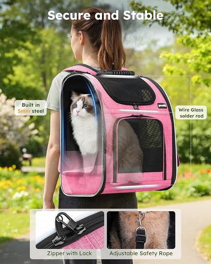 Pecute Cat Backpack Carrier Expandable, Pet Backpack for Cats & Small Dogs Up to 11lbs, with 4-Side Breathable Mesh, Multi-Entry & Lockable Zippers for Travel, Hiking, Camping - Hands Free, Pink