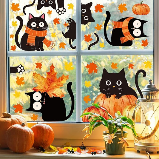 Whaline 6 Sheets Fall Window Clings Cute Black Cat Pumpkin Maple Leaf Reusable Window Decals for Autumn Harvest Thanksgiving Party Supplies Home Classroom Office Decor