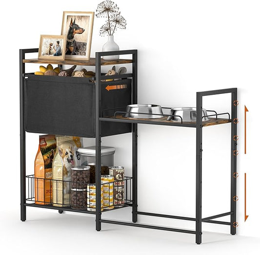 Elevated Dog Bowls Stand for X-Large & Large Breed, 7 Adjustable Heights from 2"-22" Raised Dog Feeding Station with Toy Bin Basket, Lifted Dogs Food Bowl Holder Cabinet Pet Storage Organizer