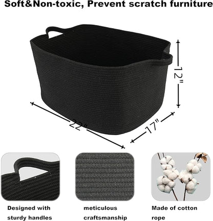 Large Rectangle Blankets Basket Living Room 22"x17"x12" Woven Cotton Rope Storage Baskets for Nursery Toy Baskets for Kids and Dogs Wicker Laundry Basket Bin for Clothes Towels black