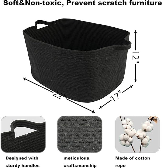 Large Rectangle Blankets Basket Living Room 22"x17"x12" Woven Cotton Rope Storage Baskets for Nursery Toy Baskets for Kids and Dogs Wicker Laundry Basket Bin for Clothes Towels black
