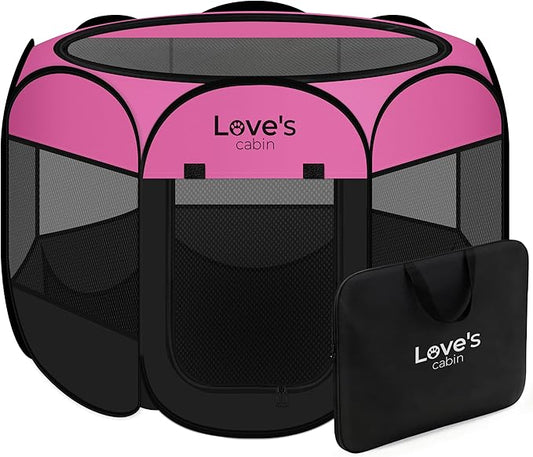 Love's cabin Pet Puppy Dog Playpen, Medium Dog Tent Crates Cage Indoor/Outdoor, Portable Playpen for Cat, Foldable Pop Up Dog Kennel Playpen with Carring Case, Removable Zipper Top, Pink