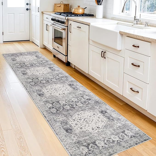 Washable 2x10 Kitchen Rugs - Hallway Rug Runner with Non Slip Rubber Backing Distressed Vintage Bedroom Entryway Carpet Soft Indoor Home Decor Floor Mat for Laundry Bathroom (2'x10', Grey)