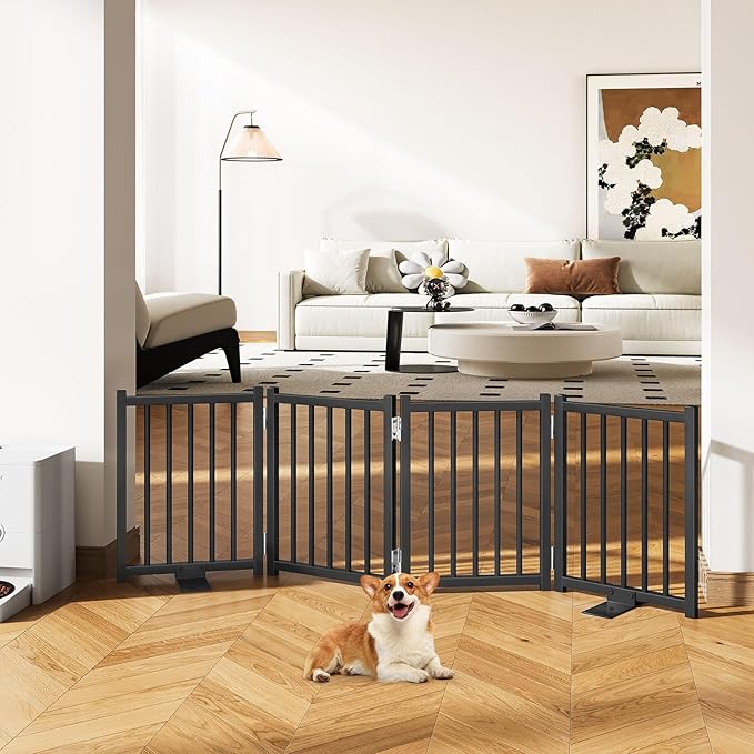 Snughome Short Dog Gate Indoor, 16" High Freestanding Small Dog Door Gates with Support Feet, Expands Up to 48’’ Wide Foldable Pet Gate for Doorway, 4 Panel Folding Pet Door Pet Fence for Puppy, Black