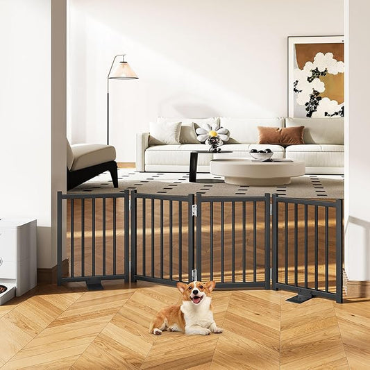 Snughome Short Dog Gate Indoor, 16" High Freestanding Small Dog Door Gates with Support Feet, Expands Up to 48’’ Wide Foldable Pet Gate for Doorway, 4 Panel Folding Pet Door Pet Fence for Puppy, Black