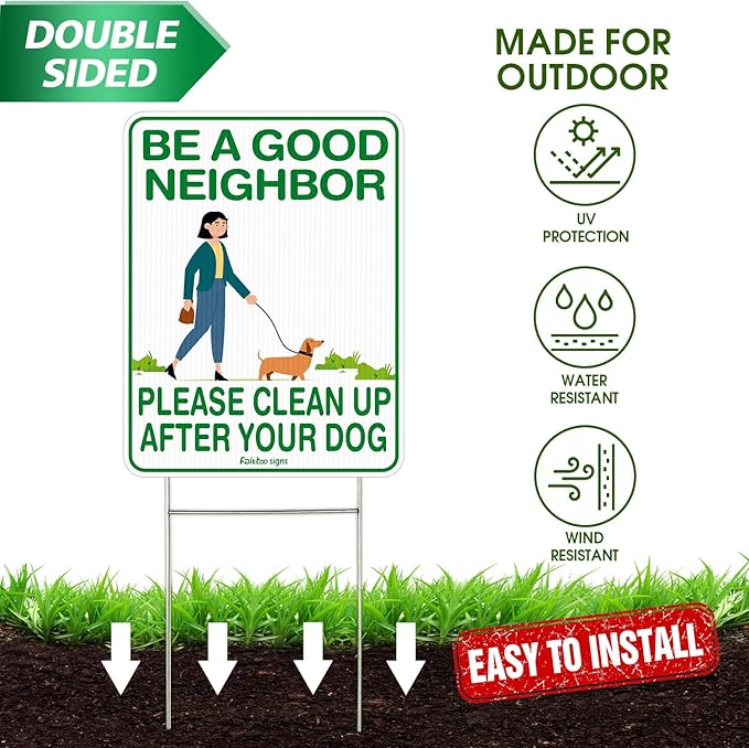 Faittoo Clean Up After Your Dog Signs (2 Pack) 12"x9" Double Sided with Metal H-Stake No Poop Signs for Lawn, Weather Resistant, Easy to Mount