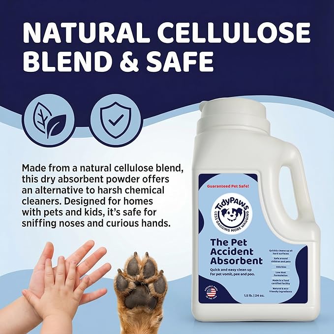 Pet Accident Absorbent Powder, 1.5 lb Shaker, Natural Cellulose, Fast Clean Up for Pet Urine, Vomit and Liquids, Fragrance Free