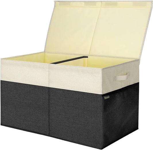 BALEINE Fabric Storage Bins with Lid, Collapsible Extra Large Storage Boxes Bins Baskets with Divider for Home Organizing (25"x13"x16", Black&Beige)