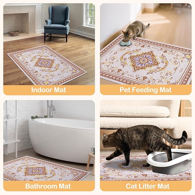 Glittme Cat Litter Mat with Non-Slip Bottom Litter Box Mat 47"X35" Litter Trapping Mat Easy to Clean Washable Cat Food Mat for Kitty,XXL
